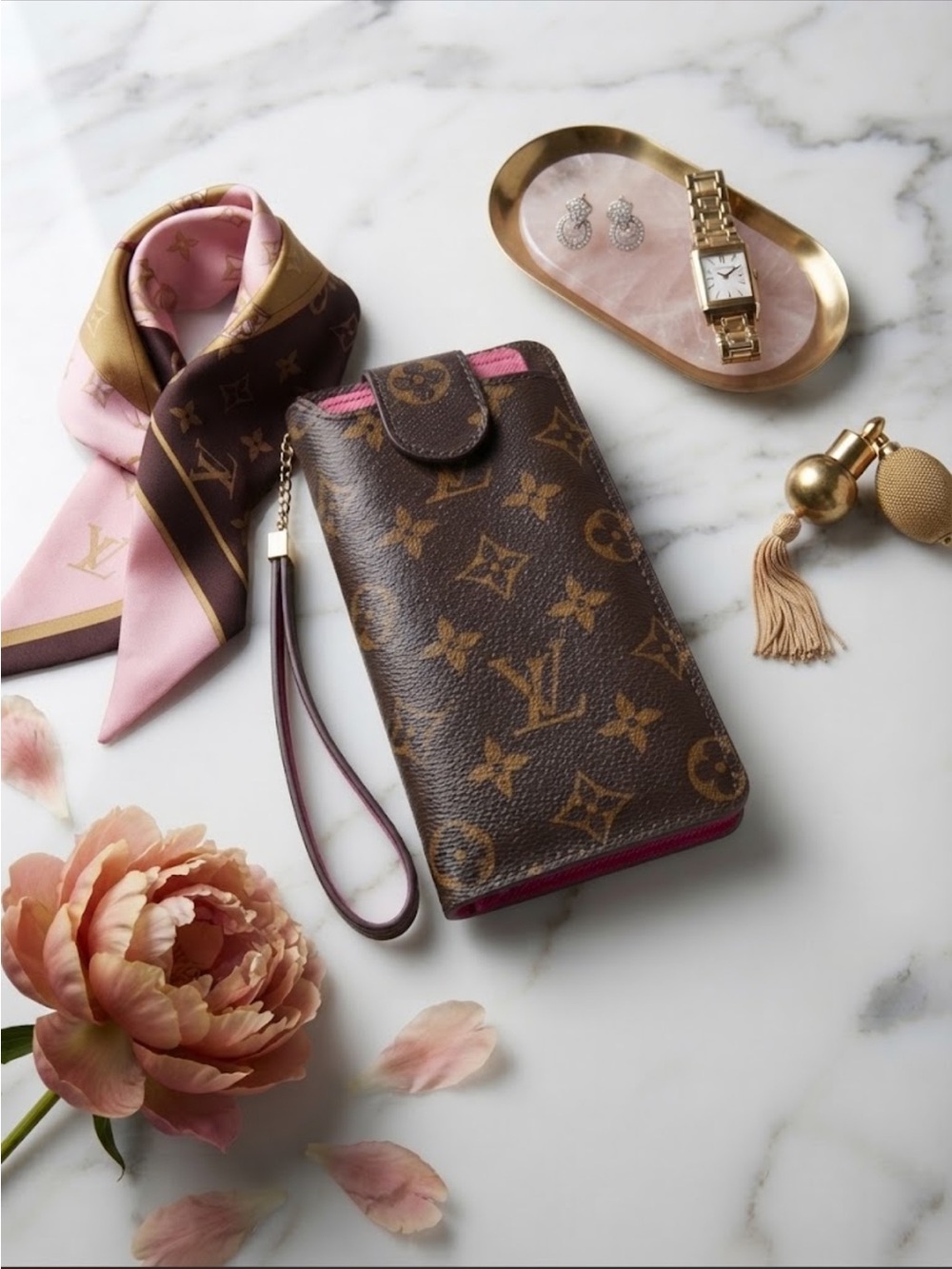 Monogram Wristlet Clutch/Phone Case in Brown with Pink Trim